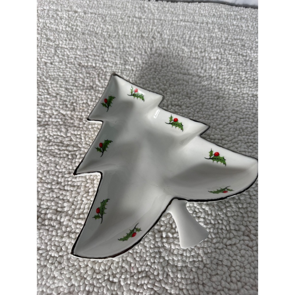 VTG Christmas Tree Shaped Dish Holly Berry Design White Porcelain Candy Dish